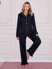 SweetSlumber Women's Casual Turndown Collar Long Sleeve Top And Pants Pajama Set - Black - View 3