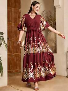 INAWLY V领收腰女士箔花印花荷叶边长连衣裙 - 酒紅色 - 查看 3