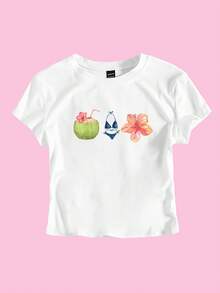 StreetHx Áo thun crop top mùa hè dành cho nữ với họa tiết bikini dừa và hoa dâm bụt, áo thun trắng tay ngắn hở eo phong cách Y2K. - trắng - Xem 3