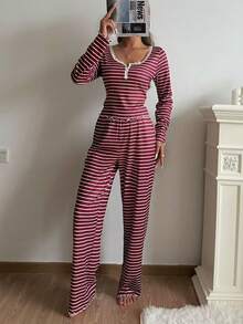 SHEIN 女士休闲条纹印花蕾丝边方领长袖睡衣套装 - 酒紅色 - 查看 5