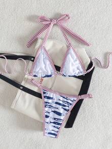 Swim Mod 女士时尚性感数码印花挂脖系带超三角比基尼上衣和可调节侧三角泳裤比基尼套装，春夏款 - 彩色 - 查看 2
