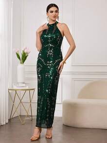 Modelyn Elegant Sequin Embroidered Slim-Fit Luxury Dress For Women - Dark Green - View 3