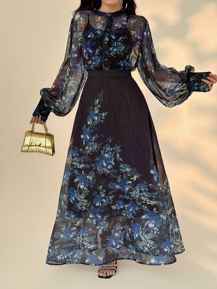 Women's Floral All-Over Print Loose Fit Mandarin Collar Shirt And Long Skirt Elegant 2-Piece Set