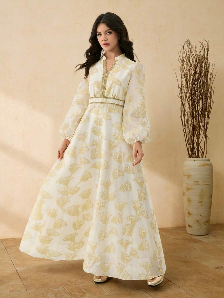 提花面料高腰喇叭长裙，适合婚礼、舞会、演出、生日、宴会等场合。优雅长裙，米白色碎花连衣裙，圣餐泡泡袖长裙，V领长袖连衣裙，女士碎花长裙 - 杏色 - 查看 1