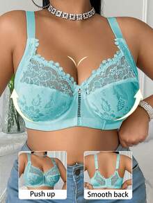 DesireSculpt 1pc Plus Size Lace Patchwork Wireless Bra - Green - View 6