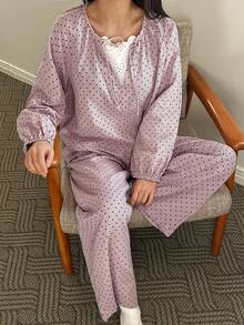 DAZY 波点印花宽松灯笼袖女士睡衣套装 - 紫色 - 查看 9