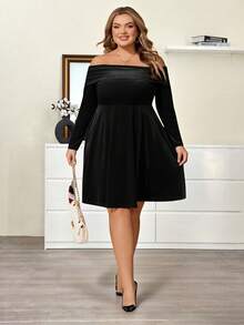 Enliva Vestido de terciopelo de manga larga para mujer de talla grande, vestido de hombros descubiertos para otoño/invierno, vestido de Navidad, Día de San Valentín, para figura de manzana y redondeada - Negro - Ver 4