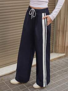 Maija 女士侧条纹抽绳腰直筒宽松休闲裤，节日 - 藏蓝色 - 查看 6