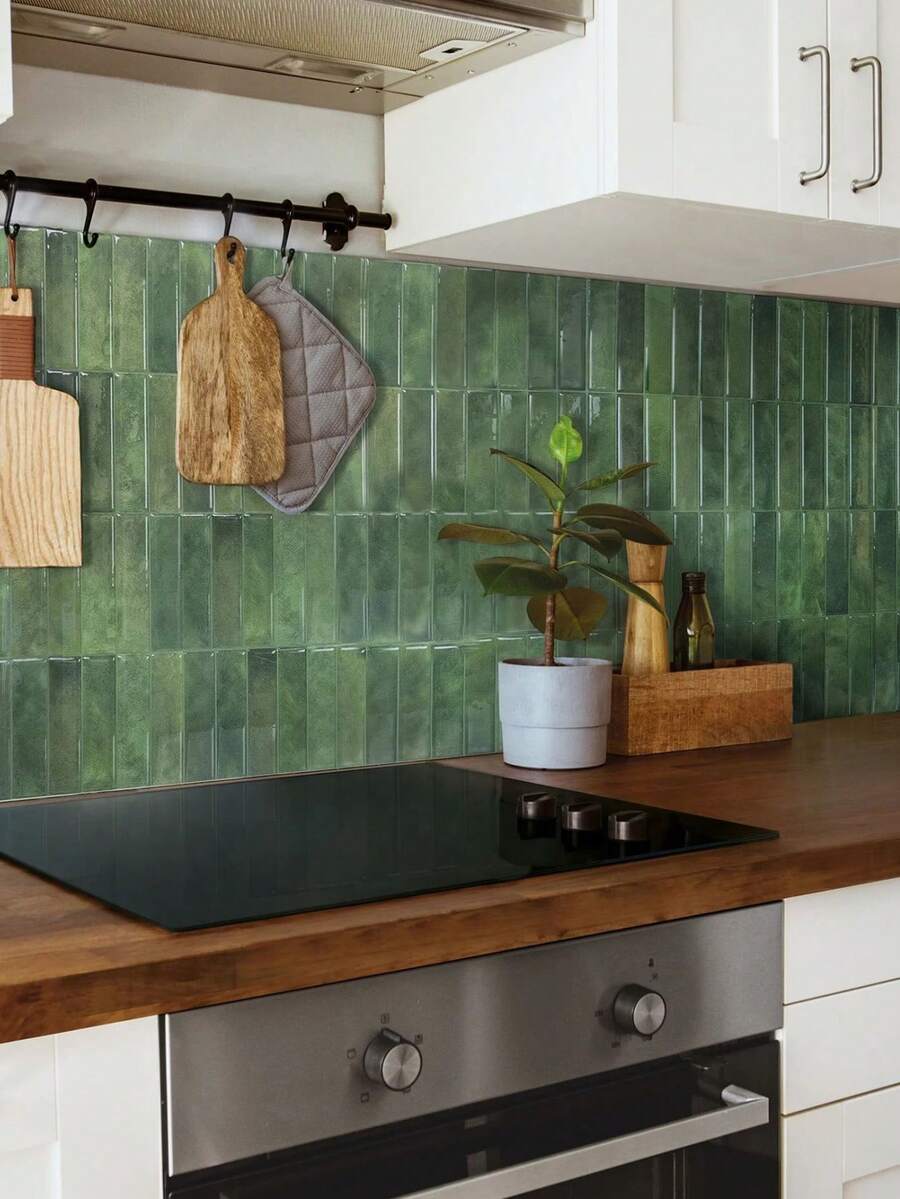 5片装3D立体泡沫墙贴，自粘式，防水，防撞，易贴易撕，易清洁，免裁剪，尺寸9*11.4英寸，适用于厨房、客厅、浴室、走廊等场所。 - 綠色 - 查看 1