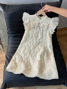 SHEIN Tween Girls' Fashion Round Neck Short Sleeve Bow Tie Dress - Apricot - View 1