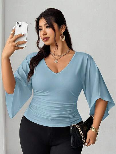 Elenzga Plus Size Women Waist Cinched Casual French Style Versatile T-Shirt