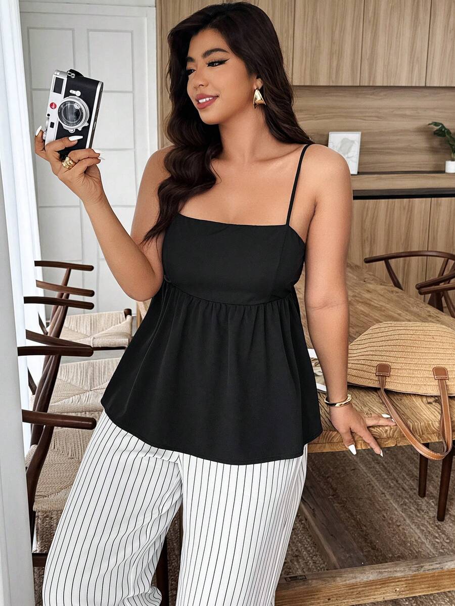 Weeklong Plus Size Women Black Summer Smart Casual Everyday Vacation Outfit Sets,Spaghetti Strap Square Neck Contrast Stripe Ruffle Hem 2 Pieces Wide Leg Pants - Black and White - View 1