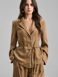 Ontre 两件套：棕色条纹西装外套和条纹长裤，适合现代都市派对、返校季、休闲波西米亚风、度假、节日、春季、情人节狂欢节、女士海滩派对优雅装扮 - 咖啡棕 - 查看 5