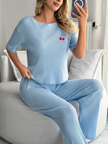 SHEIN Rib Knit With Cheery Embroidery Detail Homewear Comfort Lounge Set - Blue - View 3