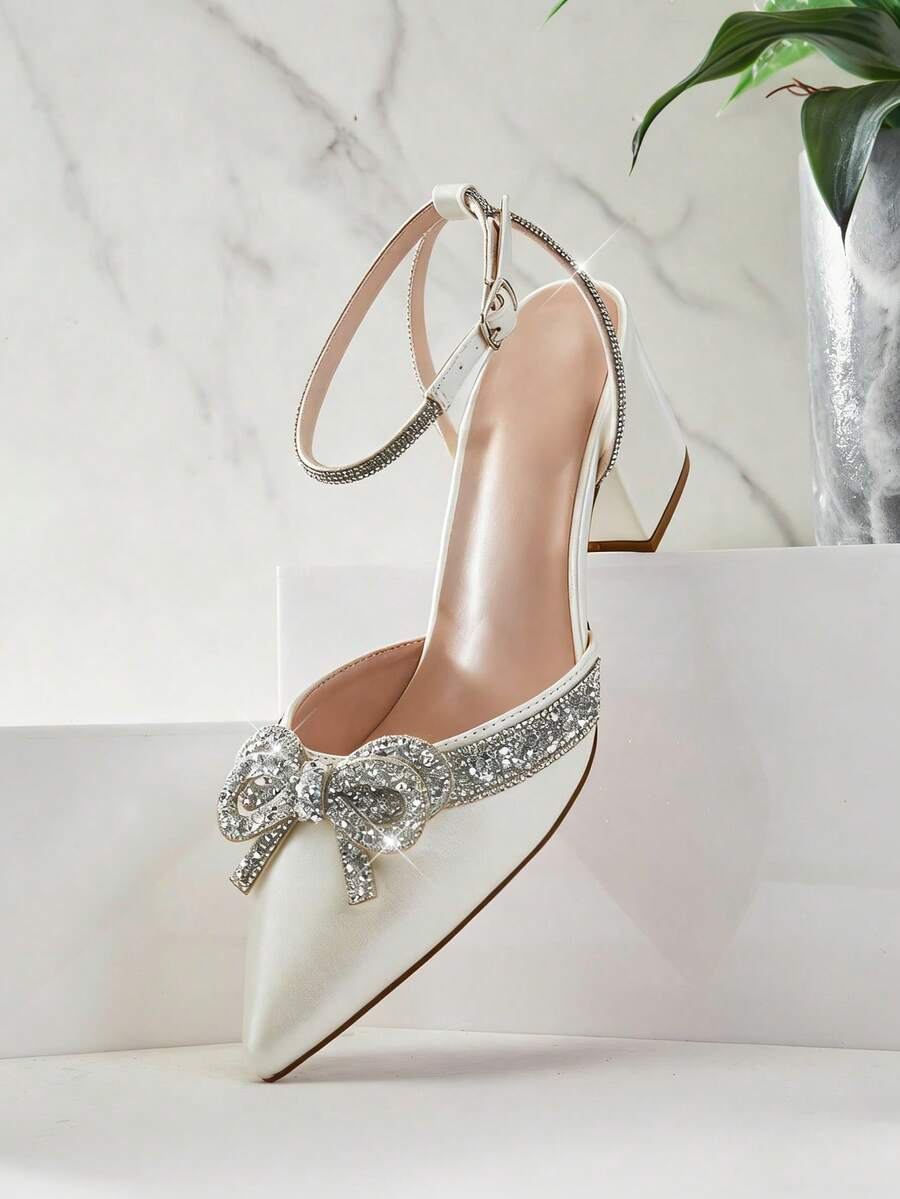 SHUZIA #GlamChic Women's Rhinestone Bow Decor Point Toe Nubuck Bone Block Heel Slingback Pumps – Sparkling Ankle Strap, Elegant & Comfortable For Party And Formal Wear. Valentine's Day - White - View 1