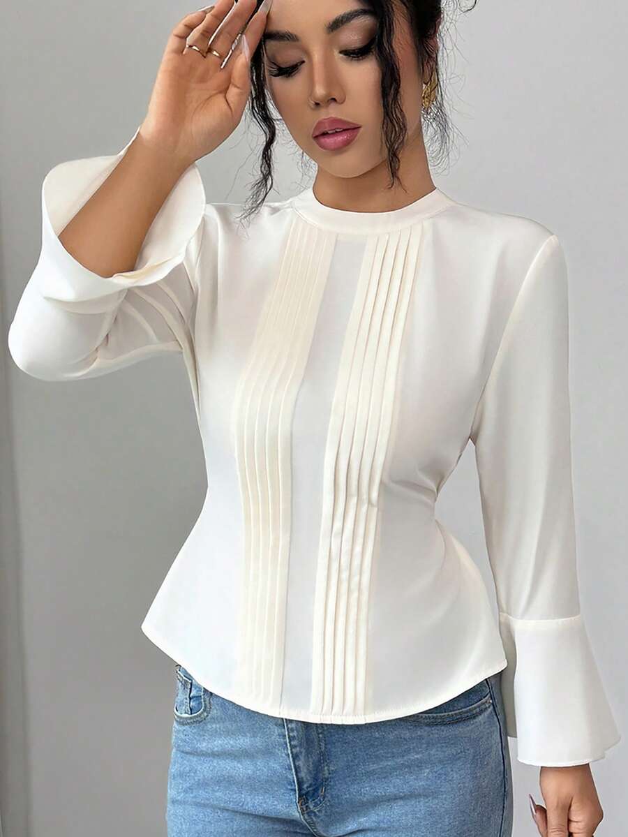 SHEIN Elenzya Women's Pleated Blouse, Elegant Fitted Long Sleeve Shirt, Round Neck - Apricot - View 1