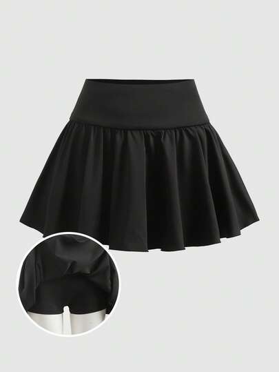Girlism 少女休闲、运动、上学、返校季黑色内置打底裤A字荷叶边迷你裙，春夏款