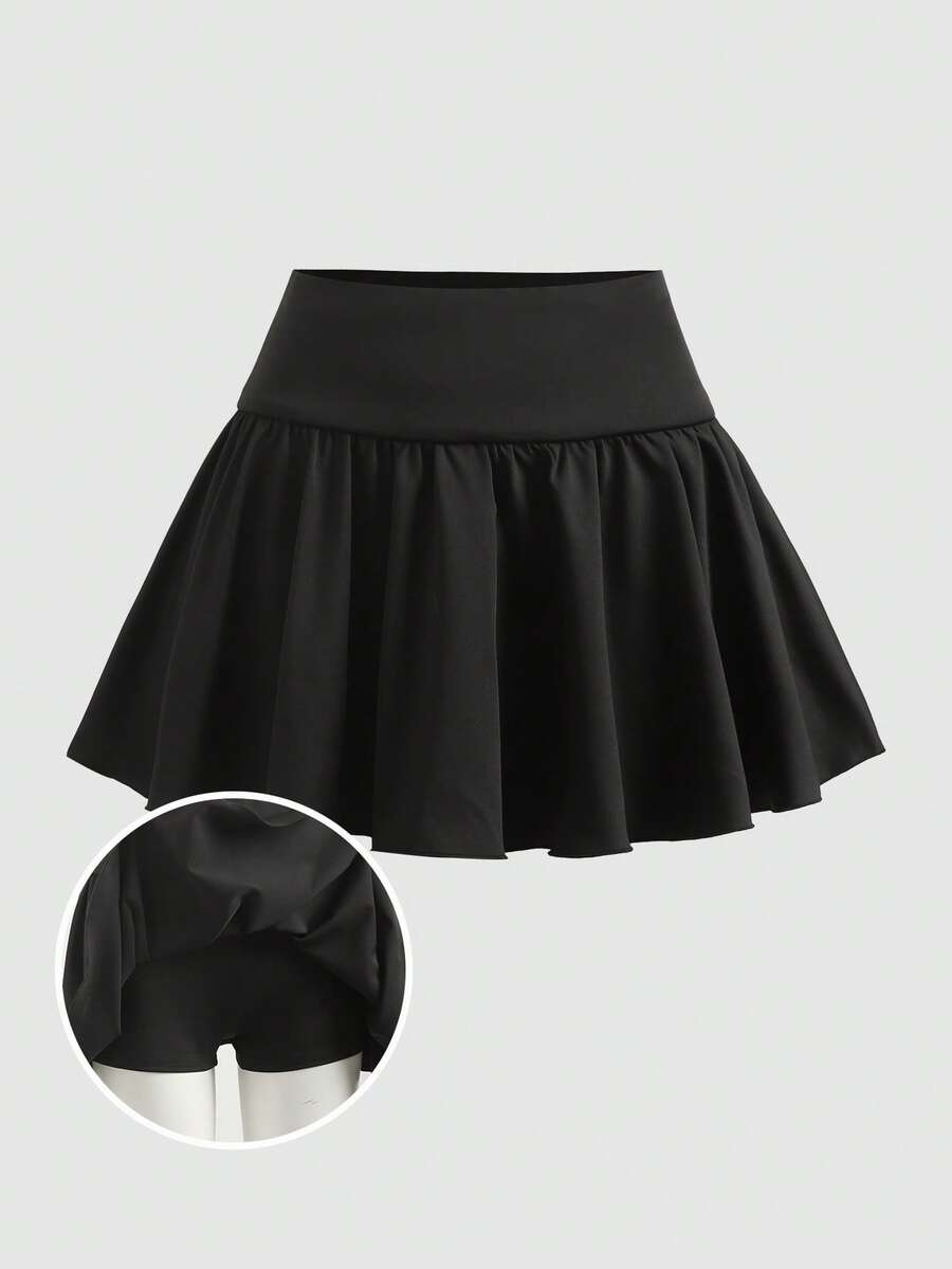 Girlism 少女休闲、运动、上学、返校季黑色内置打底裤A字荷叶边迷你裙,春夏款 - 黑色 - 查看 1