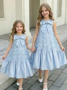 SHEIN Young Girl Elegant Mandarin Collar Sleeveless A-Line Dress - Blue - View 9