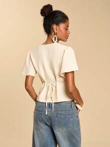 Travachic Women's Romantic Lace Trim Tie Front Cropped Shirt, Summer - Pink - View 2