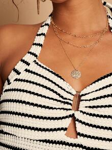 Travachic Women's Contrast Stripe Halter Tie Neck Short Dress - Black and White - View 8