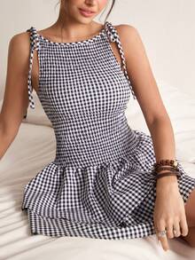 Freevana Women's Vacation Shirred Design Layered Ruffle Hem Plaid Sleeveless Dress - Black and White - View 1