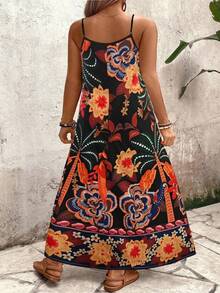 Linhara CURVE 大码女式黑色花卉植物印花宽松吊带长裙，百搭休闲、通勤、时尚、优雅、甜美、约会、法式街头风、复古风、海滩风、夏季 - 黑色 - 查看 2
