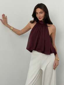 Aloruh 女士立领纯色无袖露脐优雅上衣，百搭夏季海滩度假波西米亚热带风情情人节返校季 - 咖啡棕 - 查看 4