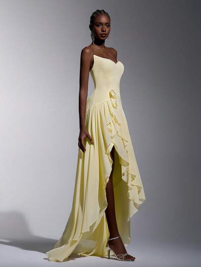 Elitara Vintage Romantic Athens Style Off-Shoulder Cat Collar Bodycon Slit Ruffle Hem Dress, Suitable For Afternoon Tea, Business Events, And Various Occasions Such As Formal Dances, Net Feeling Formal Dress, Formal Dress