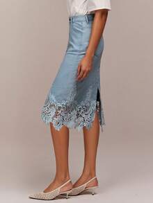 COSMINA 女士口袋纽扣蕾丝拼接时尚百搭约会之夜牛仔迷你裙 - 藍色 - 查看 5