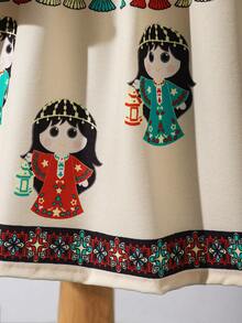 1pc Baby Girl Ruffled Sleeve Dress With Floral Print, Matching Bag, Cartoon Middle Eastern Girl Print Blue Jalabiya - Multicolor - View 7