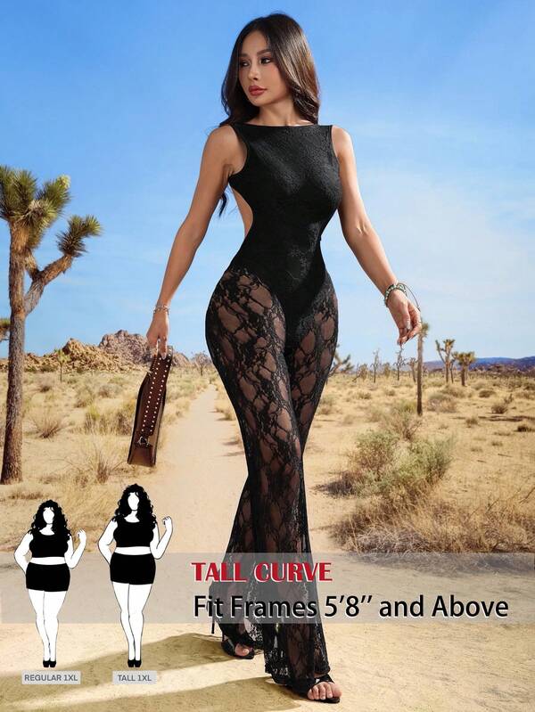 SHEIN Tall CURVE Mono de encaje con escote de pico sin mangas y recortes, talla grande y unicolor