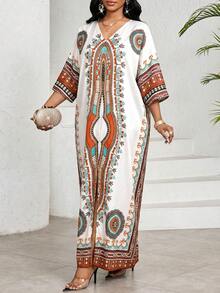 SHEIN Lady 女士印花V领七分袖宽松连衣裙，度假风 - 彩色 - 查看 3