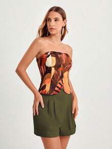 CAJUNI 女士休闲度假鹦鹉和海龟串珠印花抹胸上衣，日期 - 棕色 - 查看 5