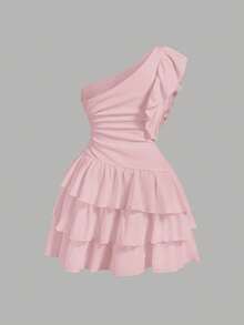 SHEIN MOD Plus Size Ruched Solid Color Asymmetric Collar Ruffle Hem Short Dress - Pink - View 2