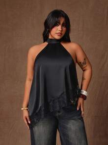 Rustia Plus Size Elegant Satin & Lace Patchwork Asymmetrical Blouse - Black - View 5