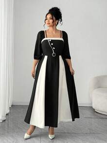 SHEIN Elenzya Vestido elegante de mujer talla grande con cuello cuadrado, mangas farol y diseño de botones en contraste de color - Negro - Ver 6