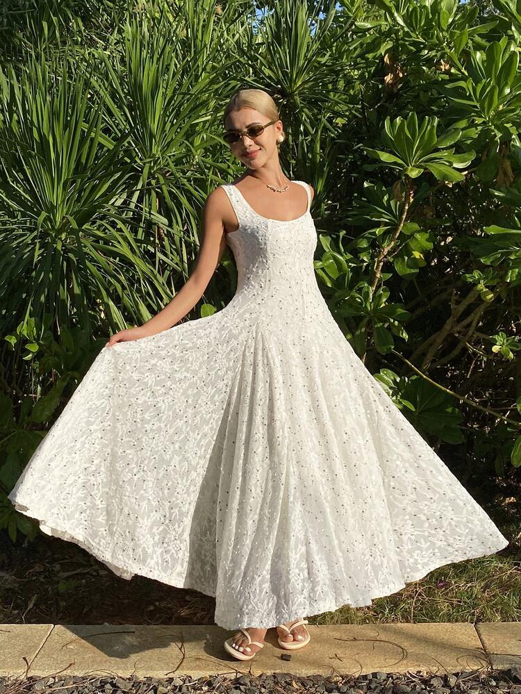Women's Square Neck Lace Textured Waist Cinching Elegant Sexy Casual Dress Sundress