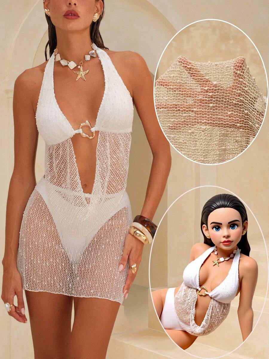 Swim Oasis Women's V-Neck Halter Tie Mesh Two-Piece Suit - Beige - View 1