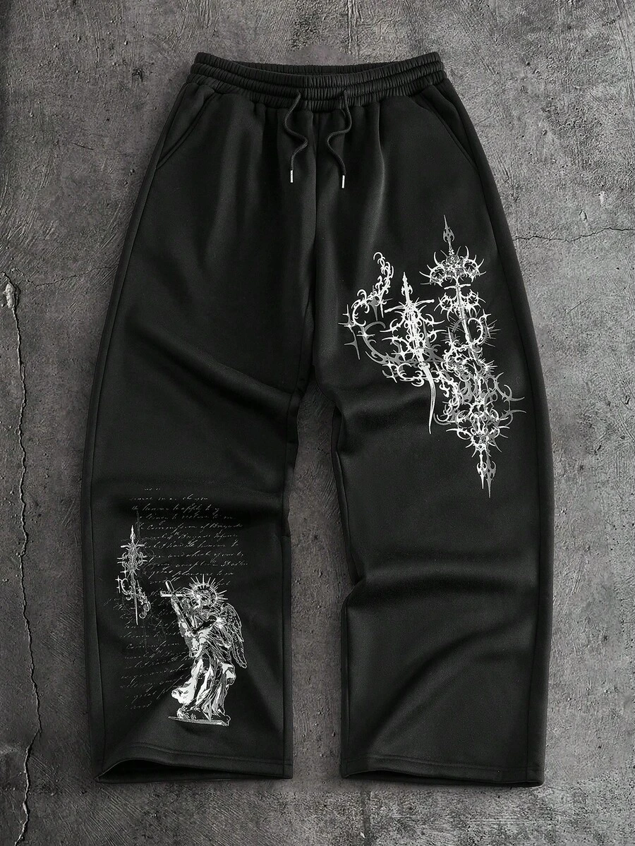 AXEPEAK 男士休闲运动字母雕塑印花抽绳腰带运动裤 - 黑色 - 查看 1