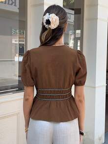 Elyressa Women's Casual Deep V-Neck Short Sleeve Shirt - Brown - View 2