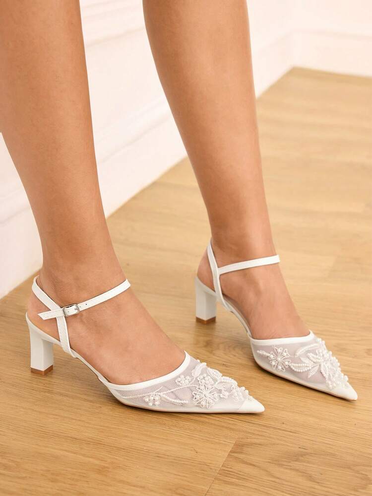 CUCCOO HITCHD Salto Alto Feminino de Bico Fino com Bordado e Contas, Elegantes Sapatos de Salto Slingback, Moda para Casamento, Dia dos Namorados, Chá da Tarde, Visual Gracioso - Branco - Visão 2