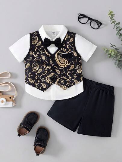 三件套婴儿金箔背心、短裤、领结套装，绅士风格，舒适百搭，适合休闲、室内/室外、日常穿着、运动、派对、拍照、婚礼、洗礼、节日、街头风、新年、圣诞节、夏季、生日派对、正式场合，男婴套装，幼儿男童套装，婴儿男童西装，小男孩西装