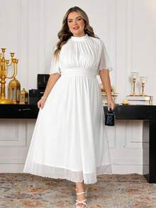 SHEIN CURVE+ 大码女装春夏优雅浪漫气质日常通勤海滩度假立领褶皱高腰A字伞裙喇叭袖白色长裙 - 白色 - 查看 3