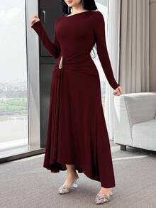 Modelyn 女士纯色船领长袖优雅中长连衣裙 - 酒紅色 - 查看 5