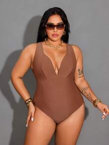 Shapewave Große Größen Eleganter einteiliger Badeanzug in Unifarbe für Damen - Kaffeebraun - Übersicht 3