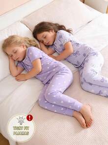 女童紫色蝴蝶结爱心印花短袖睡衣套装 - 淡紫色 - 查看 3