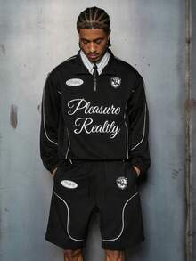 PAVTROS 男士休闲字母印花拉链连帽衫和短裤套装 - 黑色 - 查看 3