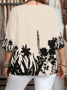 EMERY ROSE 女士休闲简约黑白花卉印花七分袖衬衫 - 优雅浪漫复古春夏海滩度假装，春假简约旅行穿搭，热带岛屿度假风 - 彩色 - 查看 2