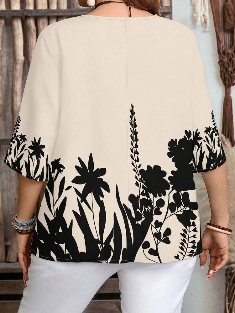 Camisa de mujer casual minimalista con estampado de silueta floral en blanco y negro de manga 3/4 - Elegante y romántica ropa de resort de primavera/verano con estilo retro, conjunto de viaje minimalista para vacaciones de primavera, vacaciones en una isla tropical - Multicolor - Añade 2